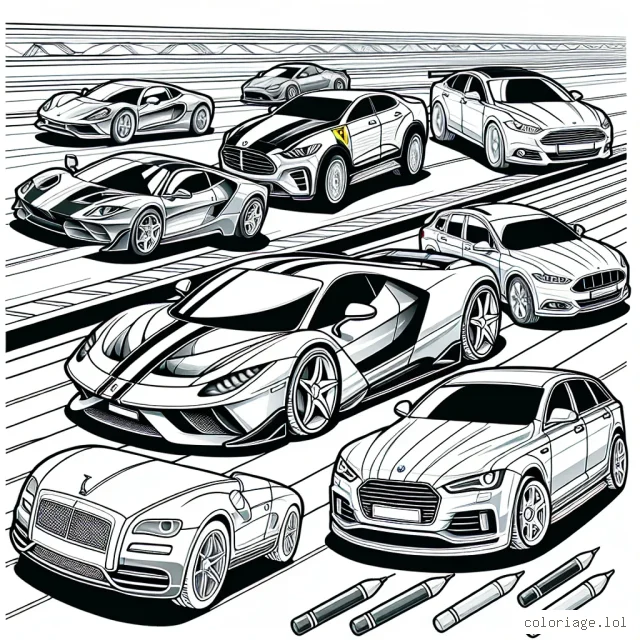 Un défilé de voitures par marque affiche une collection de véhicules variés. Tour à tour, tu peux colorier une sportive Ferrari, une luxueuse Mercedes, une robuste Ford, une élégante BMW et une unique Tesla. Donne vie à ces chefs-d'oeuvre de l'automobile en leur attribuant des couleurs vives et audacieuses.