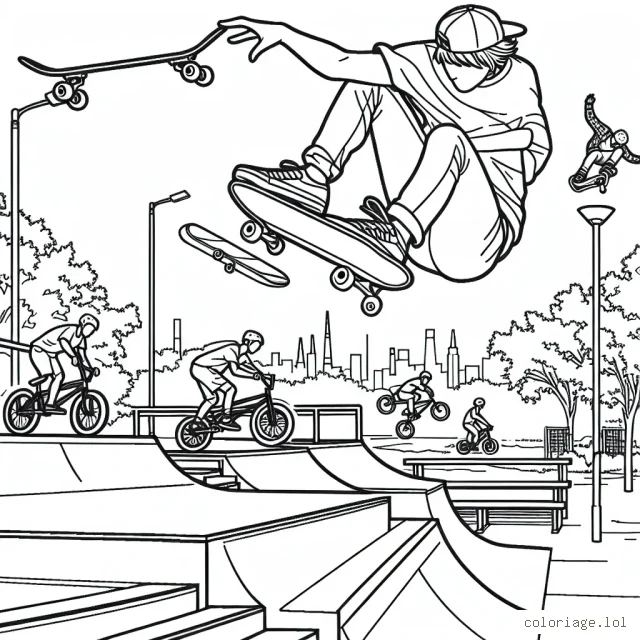 Un skateur en pleine action dans un paysage urbain avec sa planche à roulettes volant au-dessus d'une rampe, pendant que d'autres sportifs extrêmes comme des BMXers et des rollerbladers font des trucs en arrière-plan.
