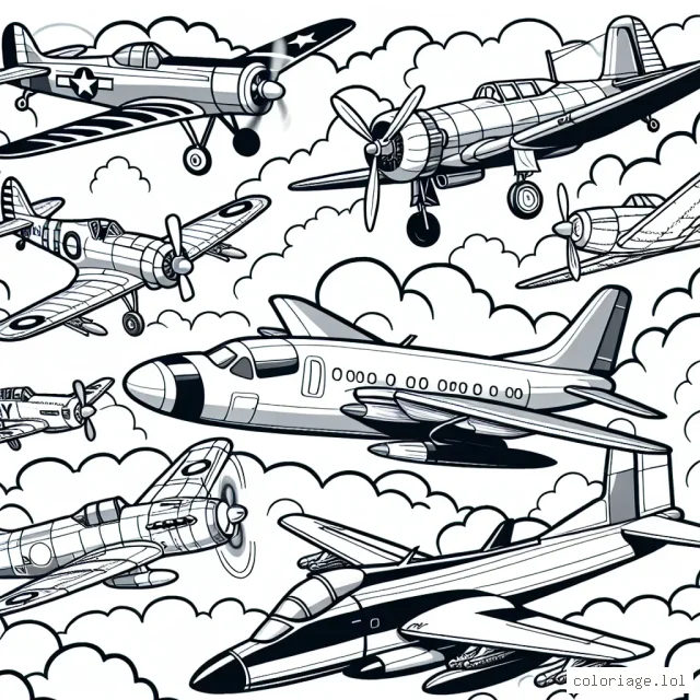 Dessine un mélange passionnant d'avions de différentes époques, allant d'un avion à hélice d'époque à un avion de chasse moderne, tous volant ensemble dans un ciel rempli de nuages.