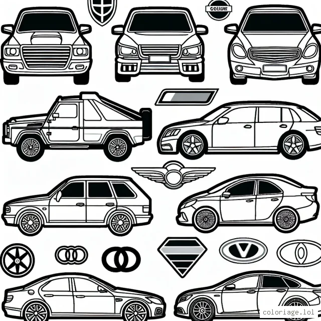 Imagine les voitures les plus emblématiques de chaque marque et mets-les en couleur. Peux-tu reconnaître leurs logos distinctifs ?