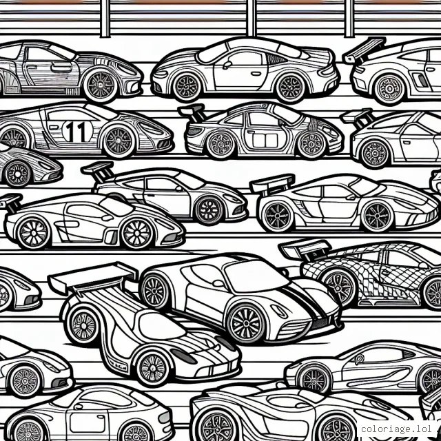 Des voitures de différentes marques sont alignées sur une piste de course prêtes à démarrer la course. Les voitures sont toutes vides, prêtes à être embellies avec des couleurs vibrantes.