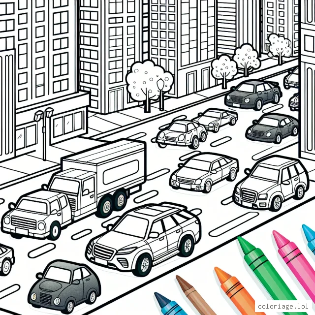Dessiner une série de voitures par marques différentes dans une rue animée de la ville.
