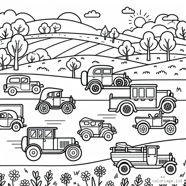 Un cortège de voitures de différentes époques traversant la campagne