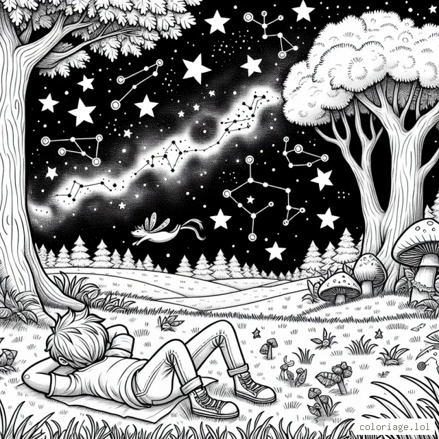 Un petit garçon allongé dans l'herbe, ses bras derrière la tête, regarde un ciel étoilé vaste et magique avec des formes d'animaux en constellation. D'un côté, un grand chêne au tronc épais et de l'autre un ruisseau qui serpente doucement. Des lucioles virevoltantes clignotent dans l'air d'été et d'énormes champignons ponctuent l'herbe comme dans un pays fantastique. Dans le ciel, la voie lactée d'un blanc laiteux, traverse de part en part avec des étoiles de toutes tailles et formes à colorier.