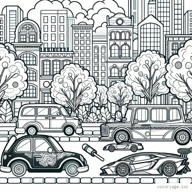 Dessine et colore un paysage urbain bordé de jolis arbres, avec plusieurs voitures différentes au milieu de l'action. Il y a des voitures anciennes et modernes, et même une voiture de course super rapide !