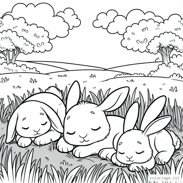 Dessine un groupe de lapins endormis dans une grande prairie