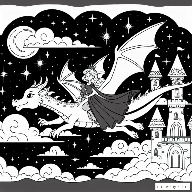 Une magnifique princesse vole sur un dragon à travers un ciel étoilé, passant devant un château éclairé par la lune.