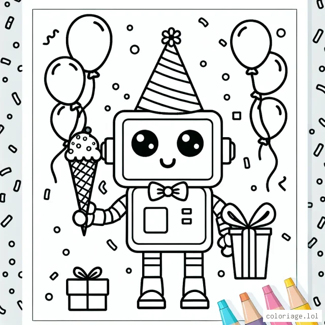 Un robot sympathique avec un chapeau de fête, entouré de confettis et de ballons de couleurs, tient une grosse glace dans une main et un cadeau dans l'autre