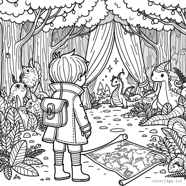 Un petit garçon vêtu de son manteau d'explorateur se tient à l'entrée d'une forêt enchantée remplie de créatures merveilleuses. À ses pieds, une carte au trésor déroulée indique le chemin à suivre.