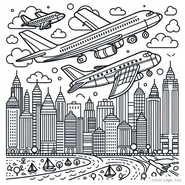 Dans ce dessin, un groupe de trois avions colorés vole au-dessus d'une ville animée. Le premier avion est un grand avion de ligne, le second est un avion de chasse rapide et le dernier est un petit avion à hélice. Les avions survolent une ville pleine de gratte-ciel, de parcs et de rivières. Le dessin est détaillé, avec beaucoup de possibilités pour ajouter de la couleur et le rendre vraiment unique.