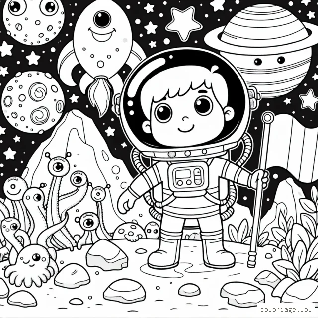 Un jeune astronaute souriant et audacieux explore une planète mystérieuse pleine de créatures bizarres, de roches brillantes et d'étoiles scintillantes tout en tenant un drapeau intergalactique.