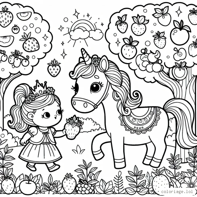 Dessine une jolie princesse qui se promène dans un jardin merveilleux avec son cheval enchanté et collectionne des fruits étranges et délicieux.
