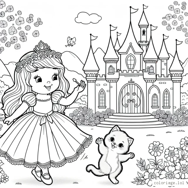 Un magnifique château avec une princesse qui danse avec son adorable petit chaton dans le jardin fleuri.