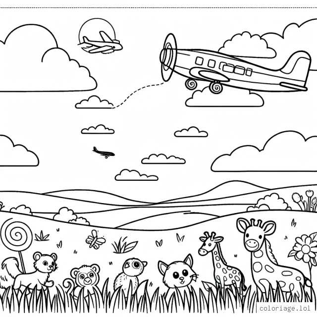 Un avion survolant la campagne avec divers animaux qui regardent le ciel.