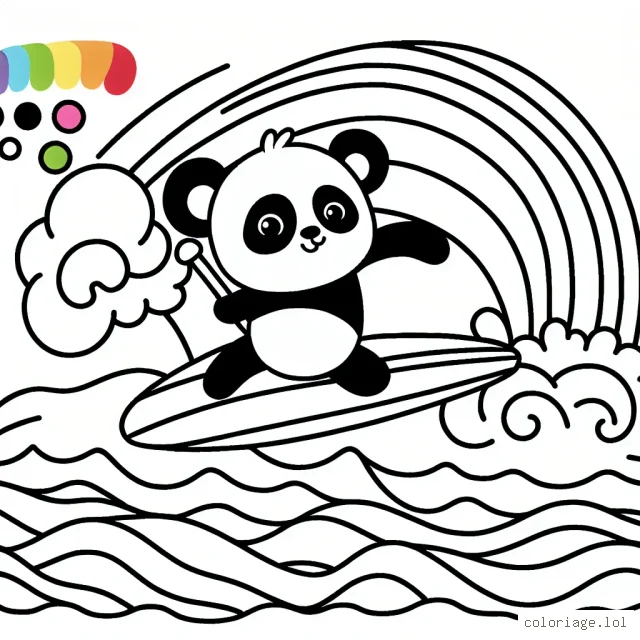 un panda qui fait du surf sur une vague arc-en-ciel