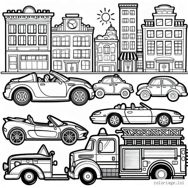 Imaginer un paysage urbain animé où différentes types de voitures sont stationnées dans la rue, une décapotable rouge au premier plan, une citadine bleue, un camion de pompier jaune, une voiture de police verte, une berline noire et un bus multicolore.