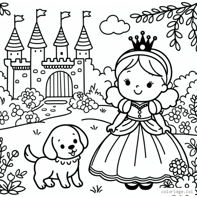 Une princesse jouant avec son chiot dans un jardin de château