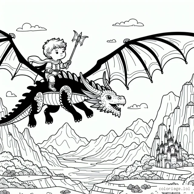 Un petit garçon courageux chevauchant un dragon volant au dessus d'un paysage fantastique