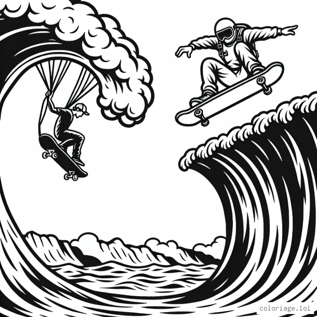 Sur cette scène audacieuse, un skateur professionnel effectue un tour à couper le souffle sur une rampe, tandis qu'un surfeur s'équilibre avec style sur une énorme vague. Près de la falaise, un parachutiste s'apprête à plonger dans l'inconnu.