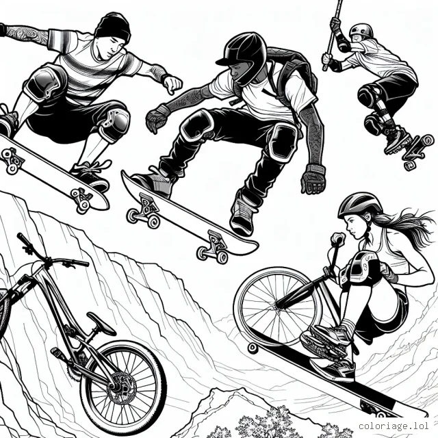 Imaginez une scène passionnante de sports extrêmes où des athlètes effectuent des mouvements audacieux et impressionnants. Votre défi est de colorer cette image dynamique et intense.