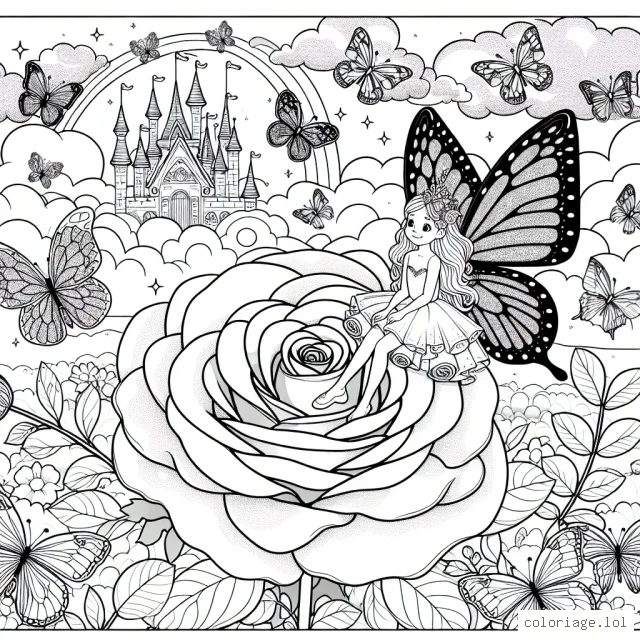 Une petite fée avec des ailes étincelantes est assise sur une fleur de rose géante. Elle est entourée d'un nuage de papillons brillants et colorés. Dans le lointain, on peut voir son château de la fée élégant, niché sur un nuage flottant. Il y a aussi un arc-en-ciel le reliant au monde terrestre.