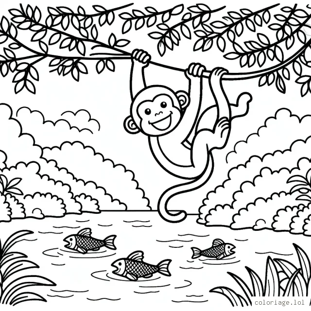 Un joyeux singe suspensu à une liane au dessus d'une rivière avec des poissons qui sautent