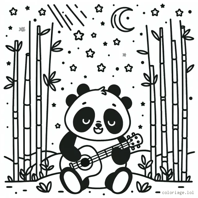Un panda mignon qui joue de la guitare dans un champ de bambou sous une pluie d'étoiles filantes