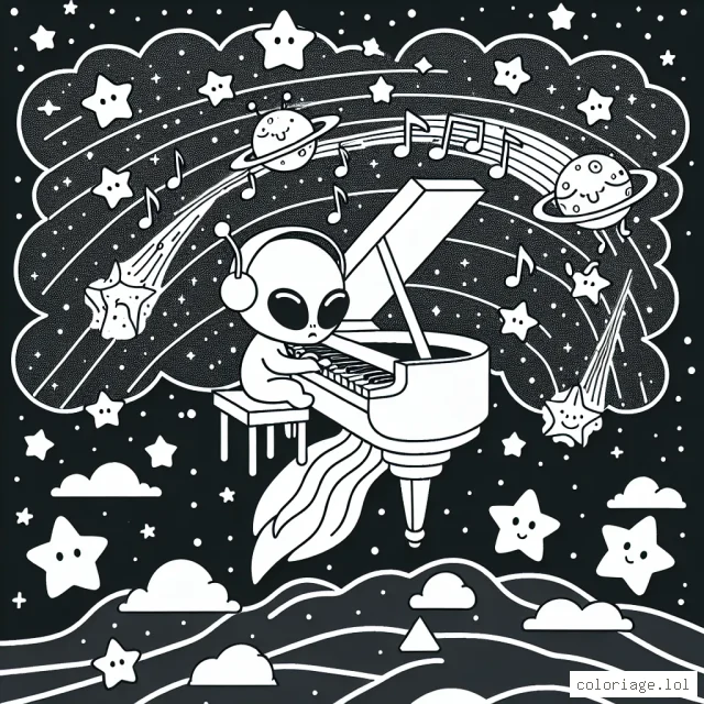 Un petit extraterrestre vert jouant du piano sur une comète filante alors qu'une constellation de musiciens étoiles danse dans le ciel spatial