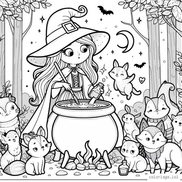 Une sorcière prépare une potion magique dans son chaudron, entourée par plusieurs de ses animaux familiers dans une forêt enchantée.