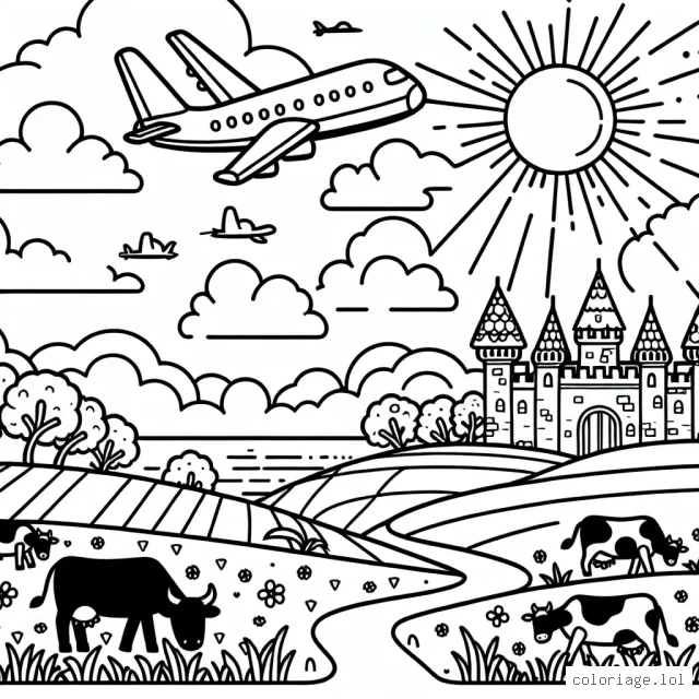 Un avion survole une bande de terre avec un château, des vaches broutent dans les champs environnants. Le soleil est au sommet, émettant ses rayons chaleureux. Des nuages ​​dodues ajoutent à la beauté de ce paysage serein.