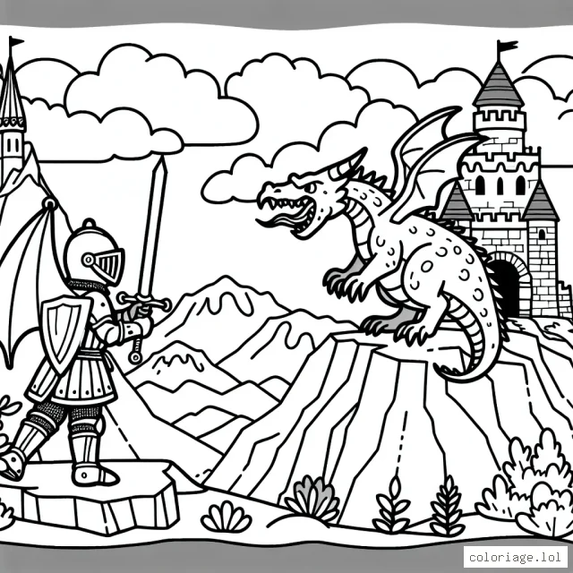 Un preux chevalier affronte un dragon sur un pic montagneux, avec un château médiéval en arrière-plan.