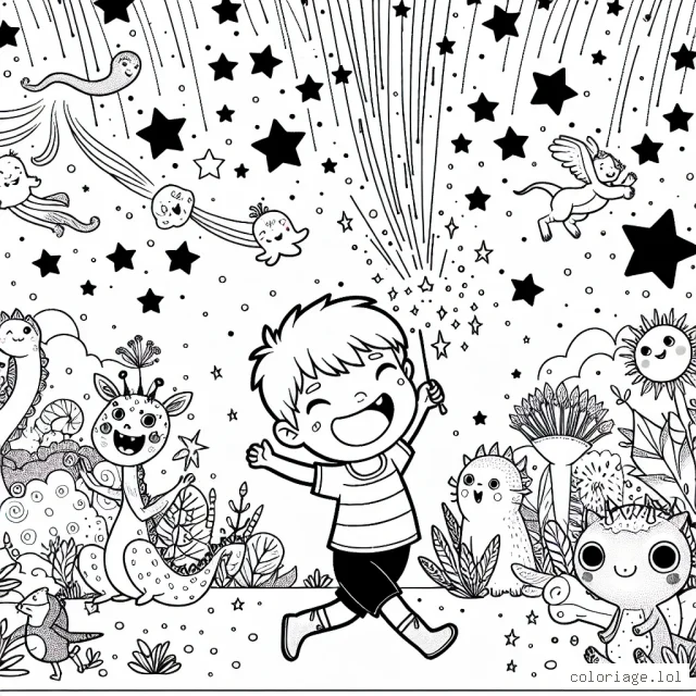 Un petit garçon dynamique qui danse joyeusement sous une pluie d'étoiles filantes dans un monde imaginaire peuplé de créatures fantastiques.
