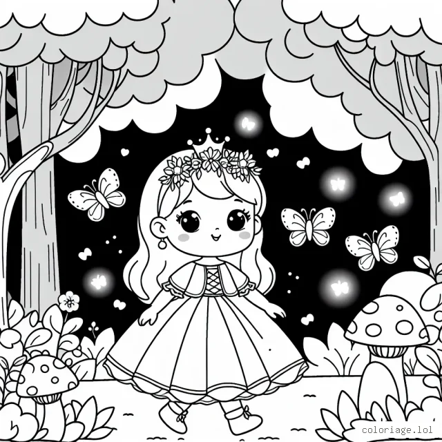 Dessine une petite princesse se promenant dans une forêt enchantée, entourée de papillons colorés et de champignons lumineux