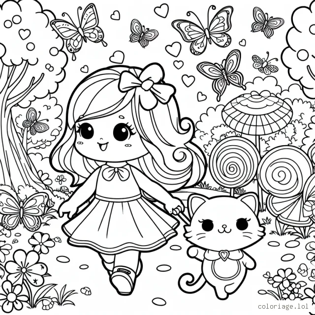 Une petite fille et son chat profitant d'une balade au parc enchanté, entourés de papillons magiques et d'arbres de bonbons