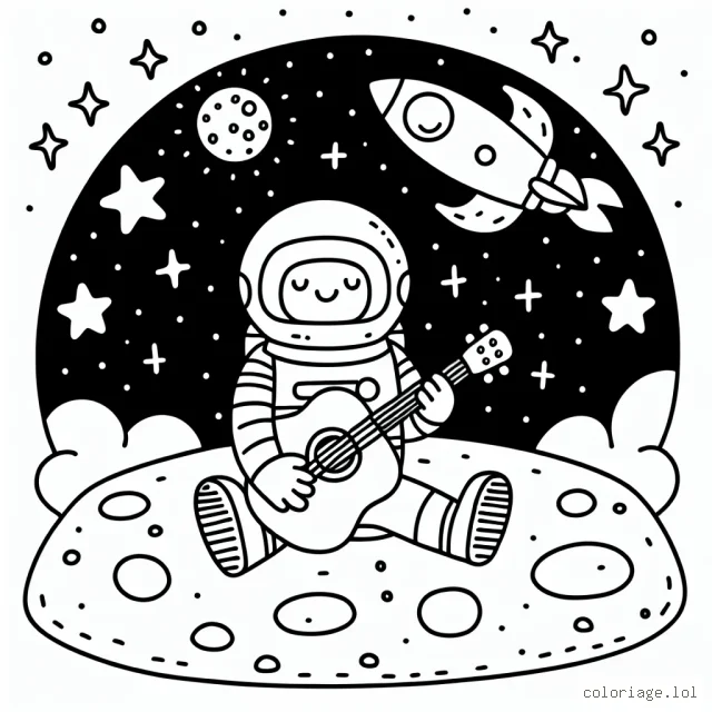 Un astronaute qui joue de la guitare sur la lune, avec une fusée spatiale en arrière-plan et des étoiles brillantes dans le ciel nocturne.
