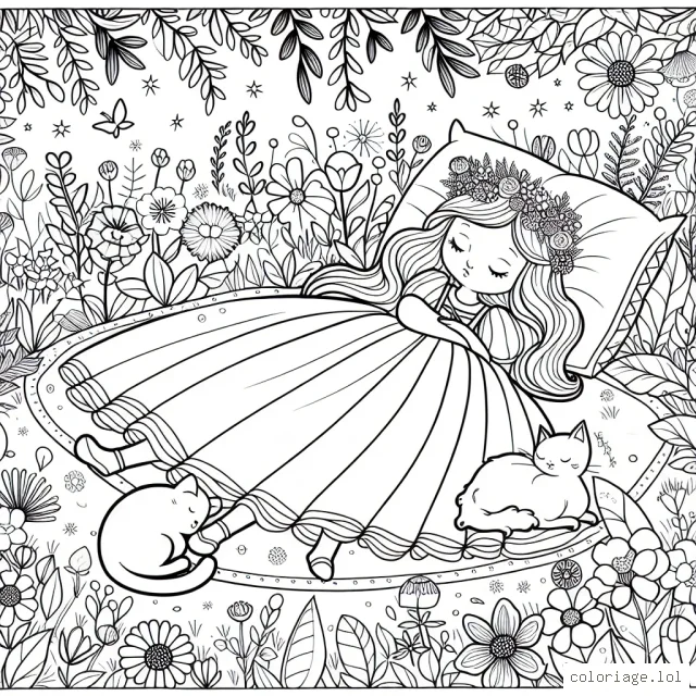 Une jeune princesse endormie dans un jardin de fleurs féeriques avec un petit chaton endormi à ses pieds.