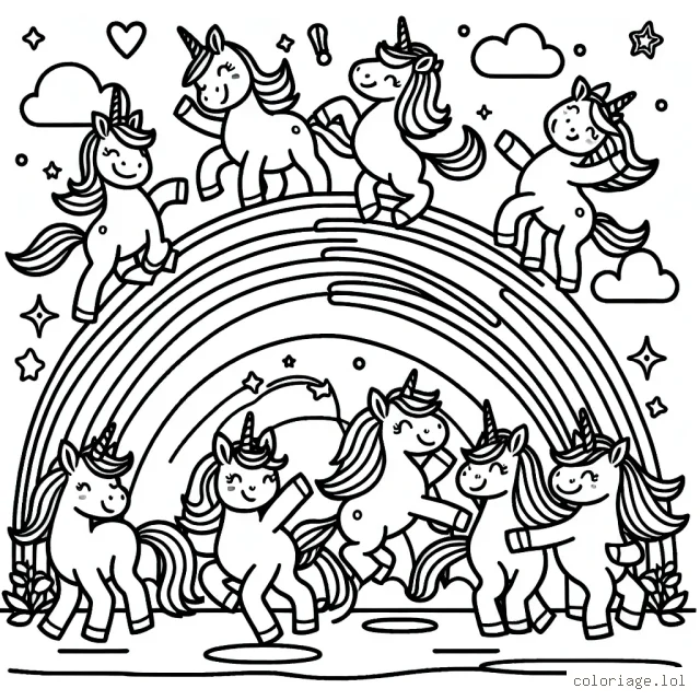Un groupe de licornes joyeuses se préparant pour une fête sur un arc-en-ciel