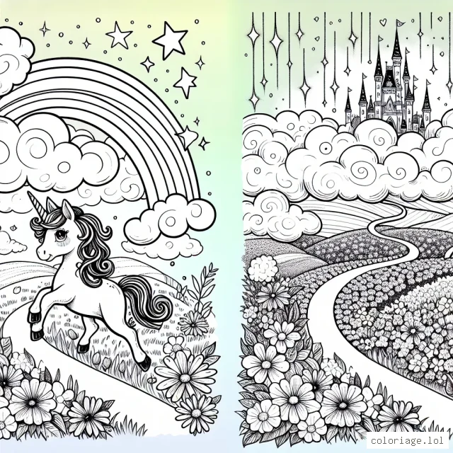 Dans ce dessin, une petite licorne se promène dans un paysage imaginaire. La licorne court sur une route arc-en-ciel qui traverse un champ de fleurs de toutes les couleurs. Dans les nuages, vous pouvez dessiner un grand château au loin. Des étoiles scintillantes tombent du ciel créant un décor magique.