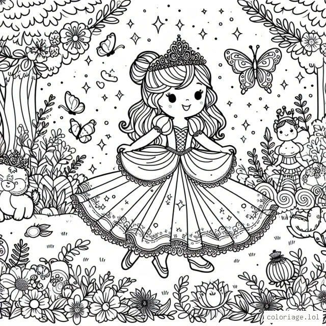 Imaginons un univers féérique avec une charmante petite princesse vêtue de sa plus belle robe qui danse dans un jardin enchanteur plein de magnifiques animaux