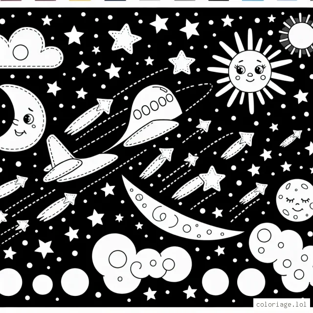 Un aéroplane volant dans un ciel étoilé, entouré de comètes multicolores, passant à côté d'une lune souriante et d'un soleil endormi