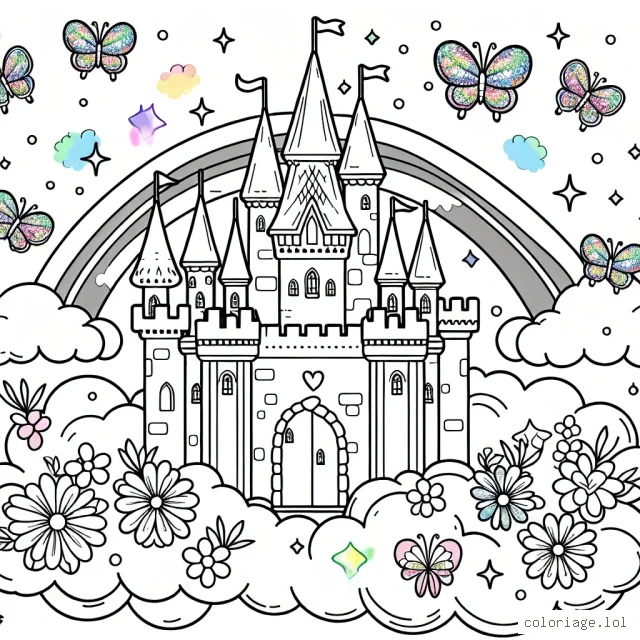 Un magnifique château féerique flottant sur un nuage, entouré de petits papillons scintillant et de fleurs multicolores que tu peux peindre selon tes couleurs préférées.
