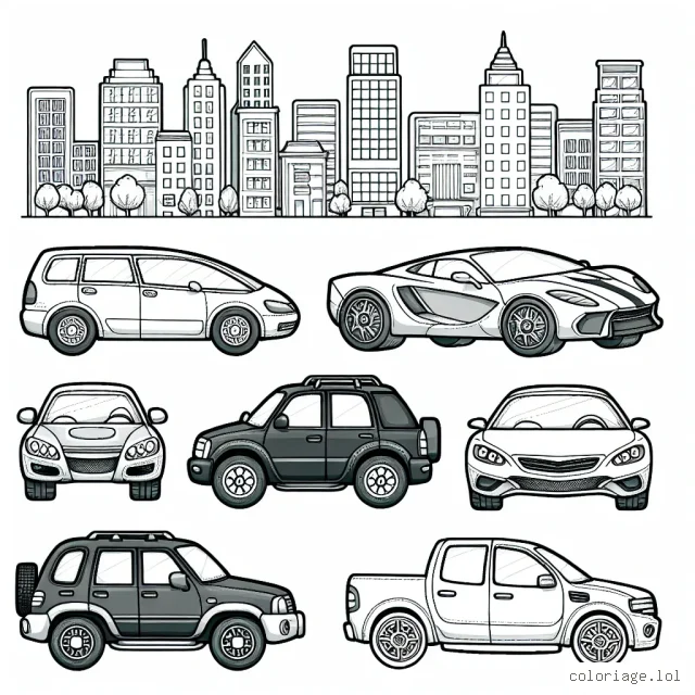 Des voitures par marque vous sont présentées dans un paysage urbain. Il s'agit notamment de BMW, Toyota, Lamborghini, Tesla et Rolls Royce. Chaque voiture est aisément identifiable grâce à son logo.