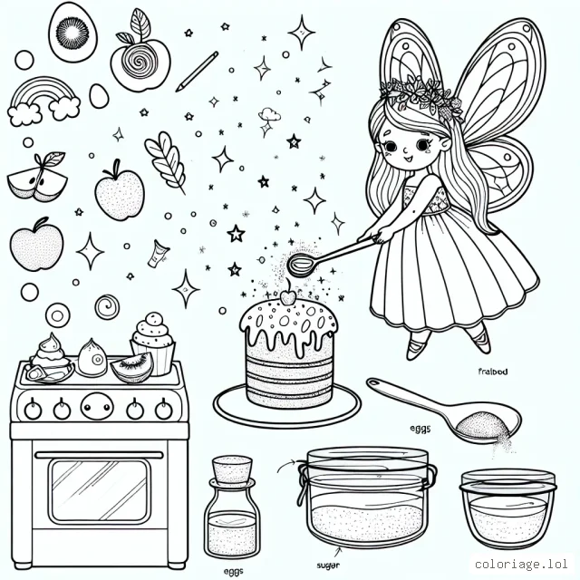 Une fée enchantée qui pâtisse un gâteau magique dans une petite cuisine, avec divers ingrédients tels que des fruits arc-en-ciel, des œufs dorés, du sucre en poudre d'étoiles et une cuillère en argent.