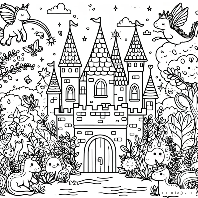 Joli petit château entouré de créatures fantastiques et de plantes merveilleuses