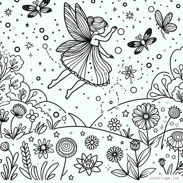 Imagine une fée flottant gracieusement au-dessus d'une clairière lumineuse et dansant avec les lucioles. À ses pieds, se trouvent différentes fleurs de toutes les couleurs prêtes à être illuminées par sa magie.