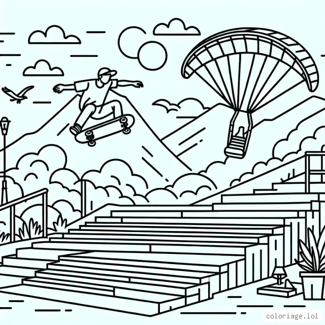 Colorier un skateboarder effectuant un ollie au-dessus d'un escalier avec un parapentiste dans le ciel.