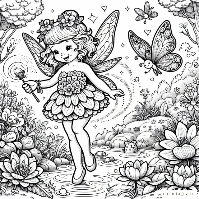 Une petite fée joyeuse se promène dans son jardin secret magique, bordé de grandes fleurs colorées. La fée porte une robe de pétale de rose vibrant, des aile brillantes comme la lune et tient dans sa main un bâton de fée resplendissant de magie. Son cher ami, un petit papillon, flotte à côté d'elle, portant la couleur des arcs-en-ciel. Autour d'eux, des arbres s'élèvent, parsemés de fruits et de nids d'oiseaux, tandis que plus loin, un étang frais dévoile des nénuphars, des grenouilles et des libellules.