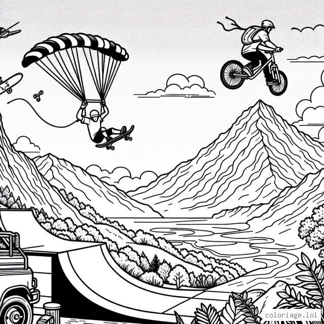 Un skateur exécute une figure délicate sur une rampe de skate park, avec un parachutiste en plein ciel et un surfeur chevauchant une vague énorme en arrière-plan, tandis qu'un alpiniste tente de conquérir une montagne vertigineuse. En premier plan, on voit un VTTiste s'élancer vers une piste tortueuse.