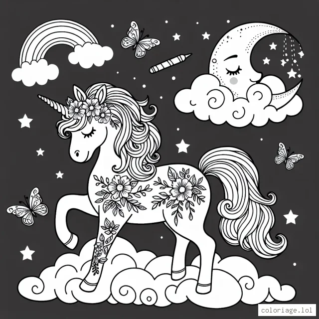 Une magnifique licorne dessinée, flottant sur un nuage, entourée d'étoiles et de lune, éclairée d'un doux rayon de lune, avec des papillons volant autour. La licorne a une longue crinière bouclée et un corps gracieux décoré de motifs floraux. De plus, on voit un arc-en-ciel au loin.