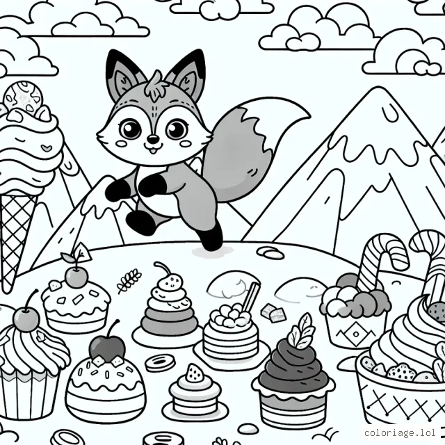 Un petit renard audacieux explorant le royaume des desserts
